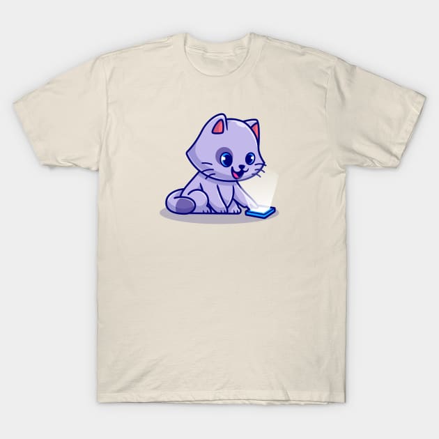 Cute Cat Playing Mobile Phone Cartoon T-Shirt by Catalyst Labs